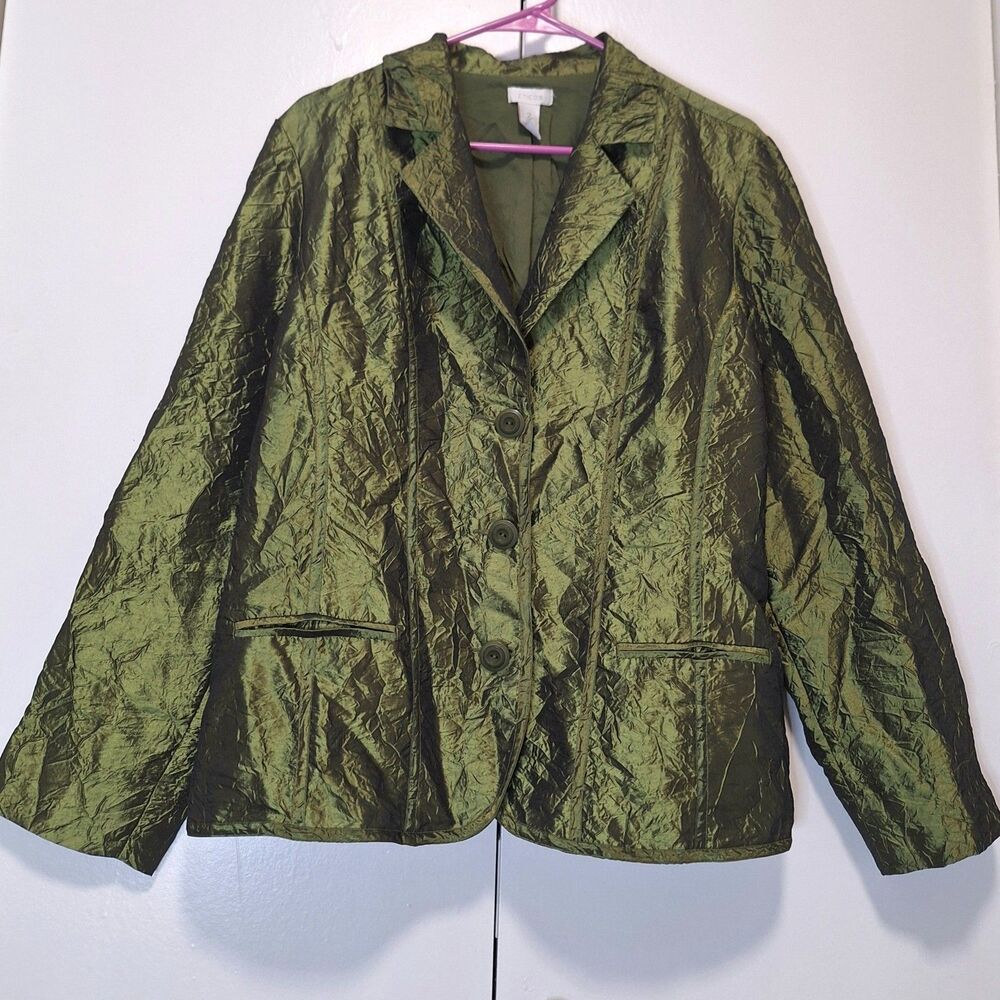 Chico's Ada Verdant Blazer  Sz 2 (Large) Green Taffeta Crinkle Jacket Metallic